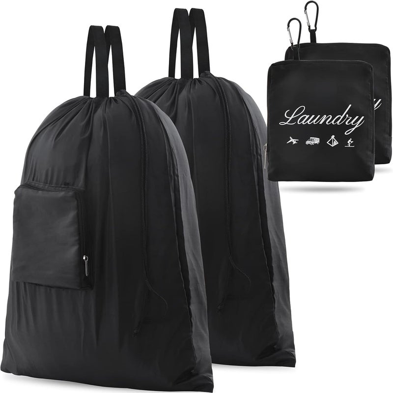 JHX 2 Pcs Travel Laundry Bag, Dirty Clothes Bag 【Upgraded】 with Handles and Aluminum Carabiner, Collapsible Laundry Bag for Travel, Camp, Fitness, and Students（Black） 24"L x 21"W - Image 1